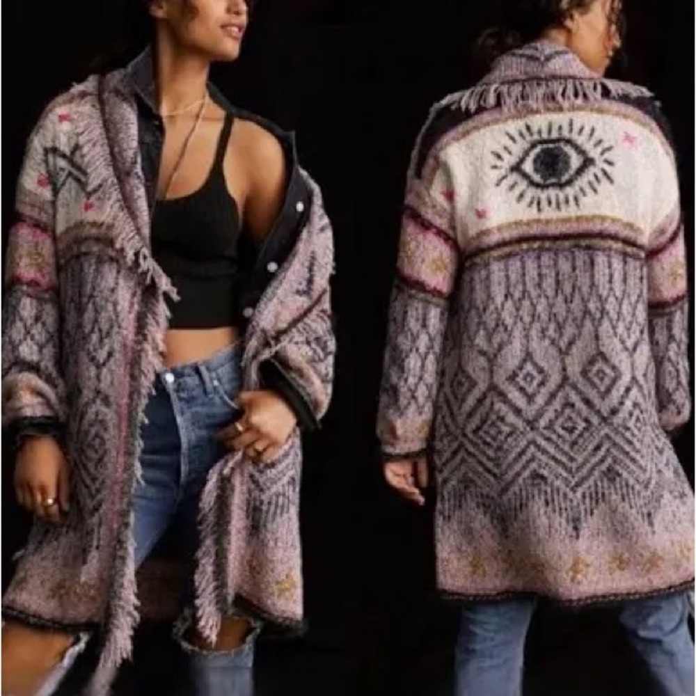 PILCRO Anthropologie evil eye cardigan sweater size MP/LP long line boho